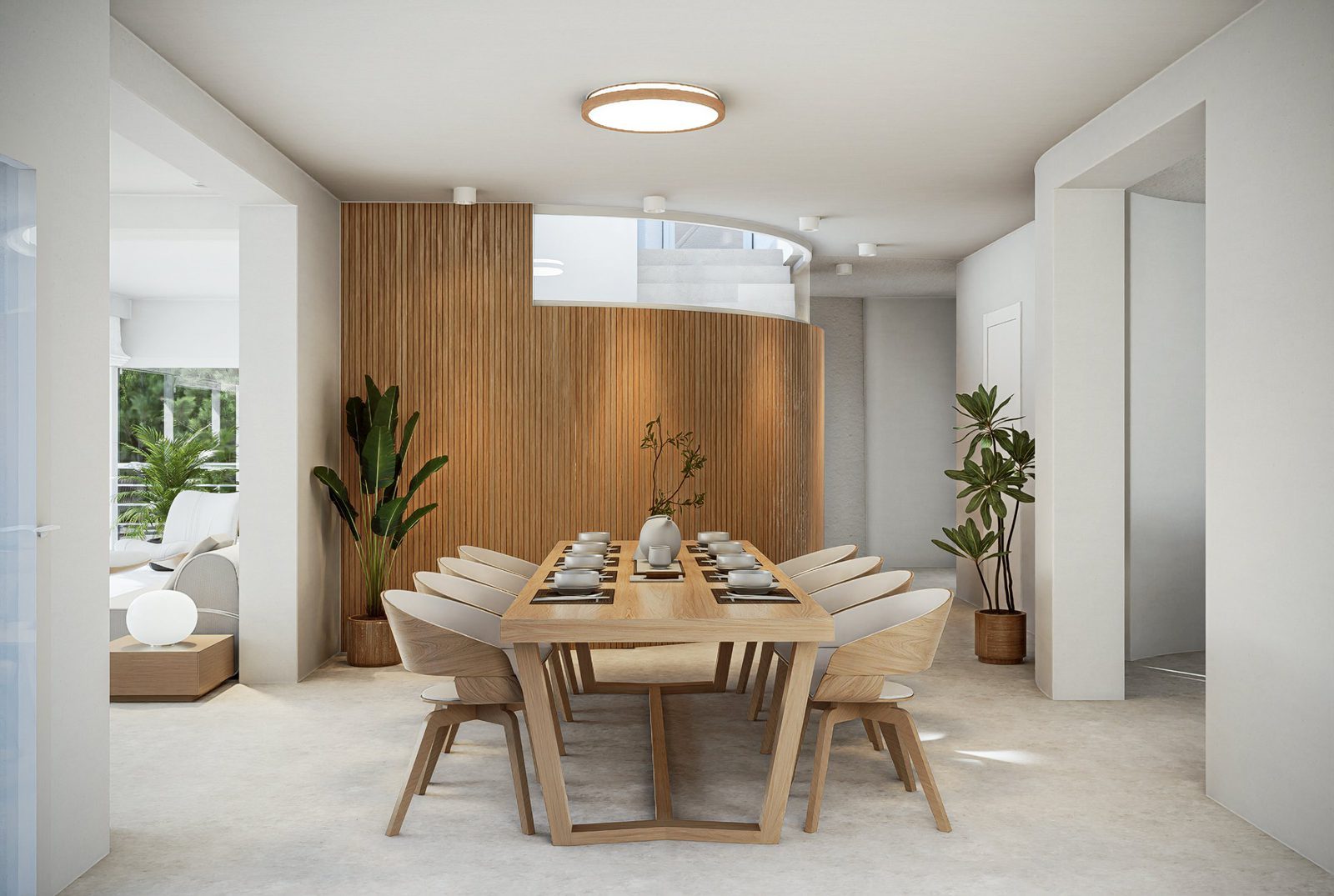 Contemporary dining room with a large wooden table, sculptural chairs and curved wood-panelled wall in a 4-bedroom villa in Altea - The Estates