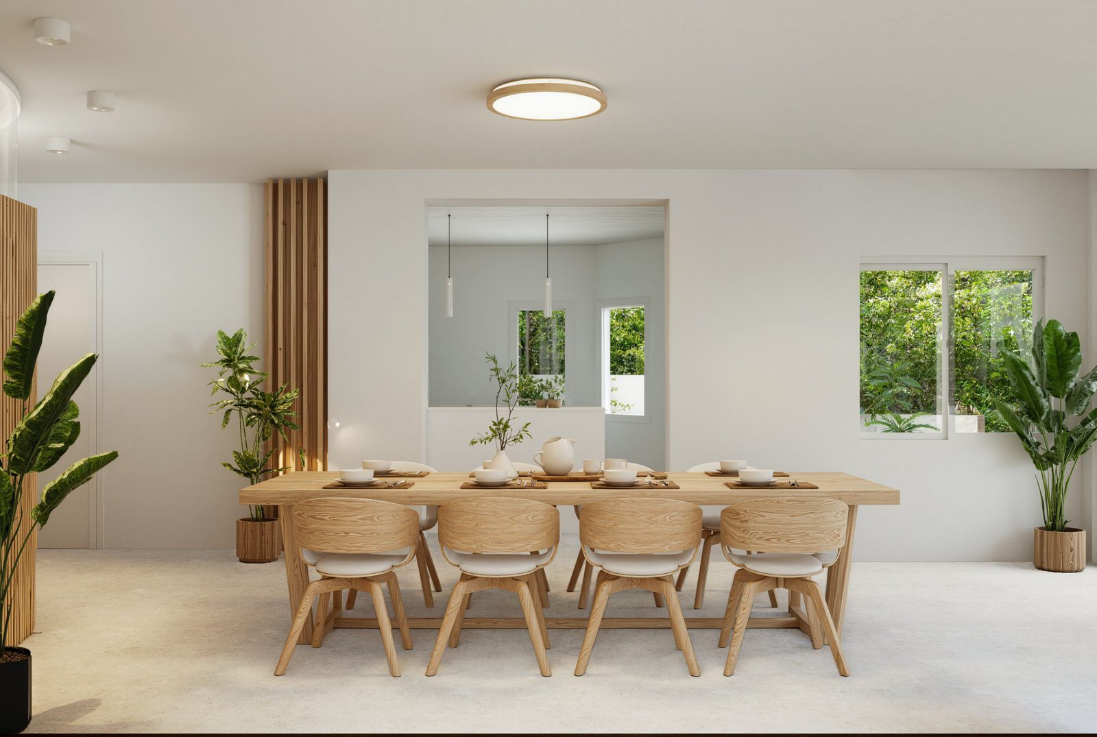 Modern dining room with wooden table, chairs and plants in a 4-bedroom villa in Altea - The Estates