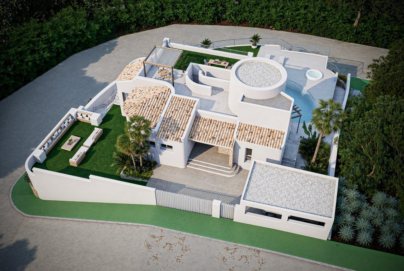 Aerial view of rooftop terraces, gardens and outdoor seating of a 4-bedroom villa in Altea - The Estates
