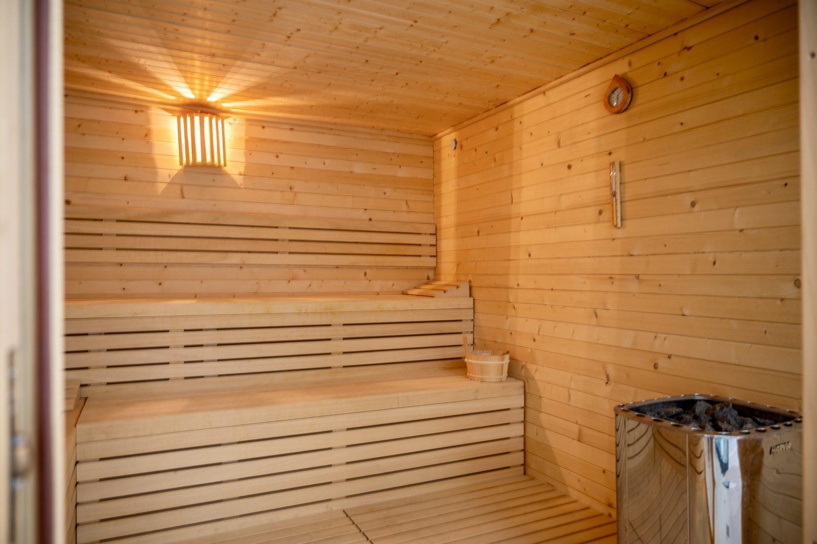 A wood-paneled sauna inside a 2-bedroom apartment in Finestrat - The Estates