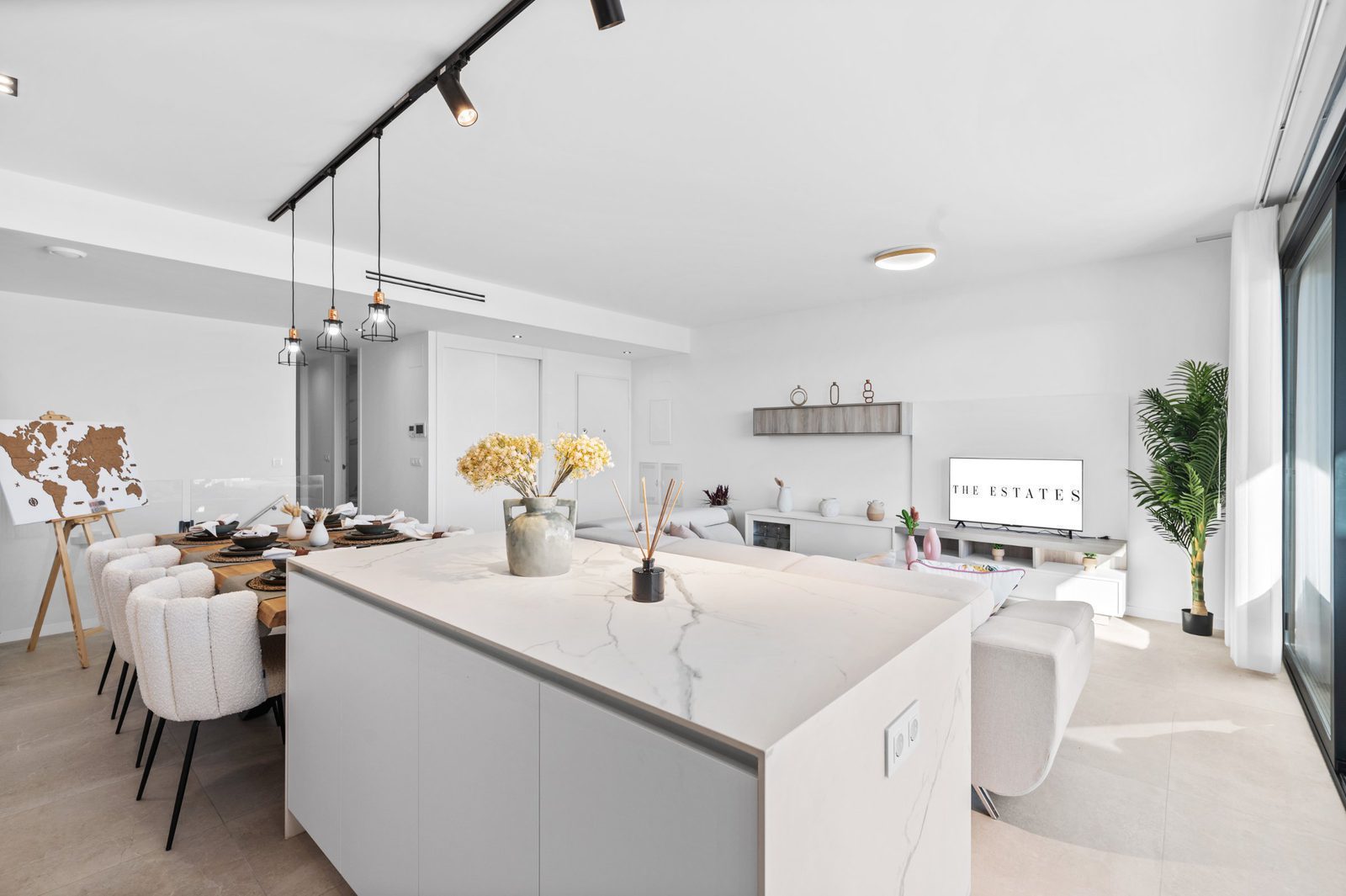 Stylish living room and kitchen area of a 2-bedroom apartment in Finestrat - The Estates