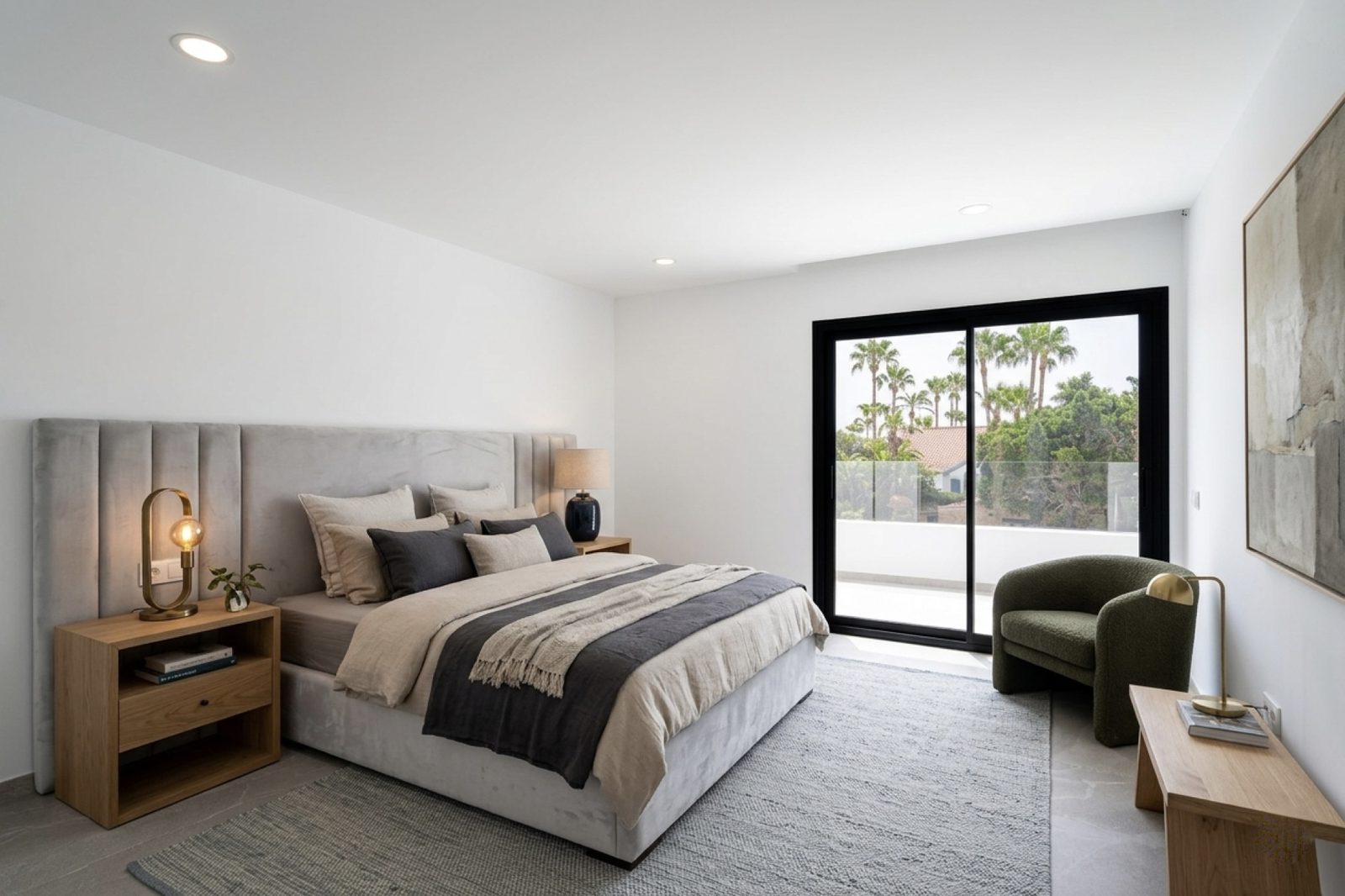 A bright bedroom with balcony access in a 3-bedroom villa in Calpe - The Estates