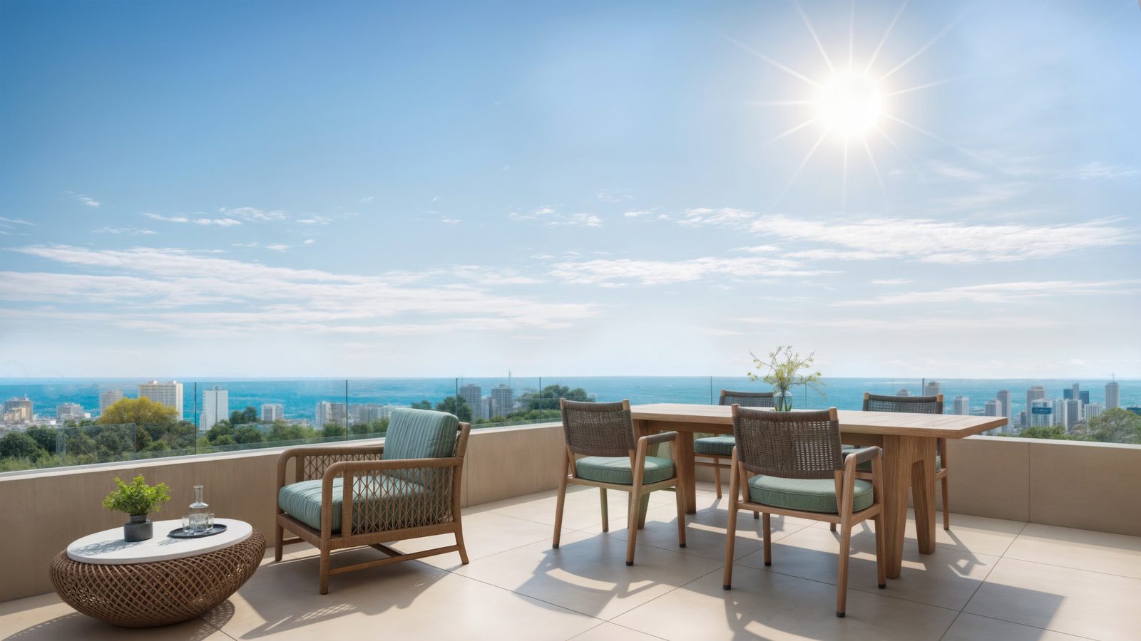 Sunny terrace with seating overlooking mountains, garden, and city views of a 3-bedroom villa in Calpe - The Estates