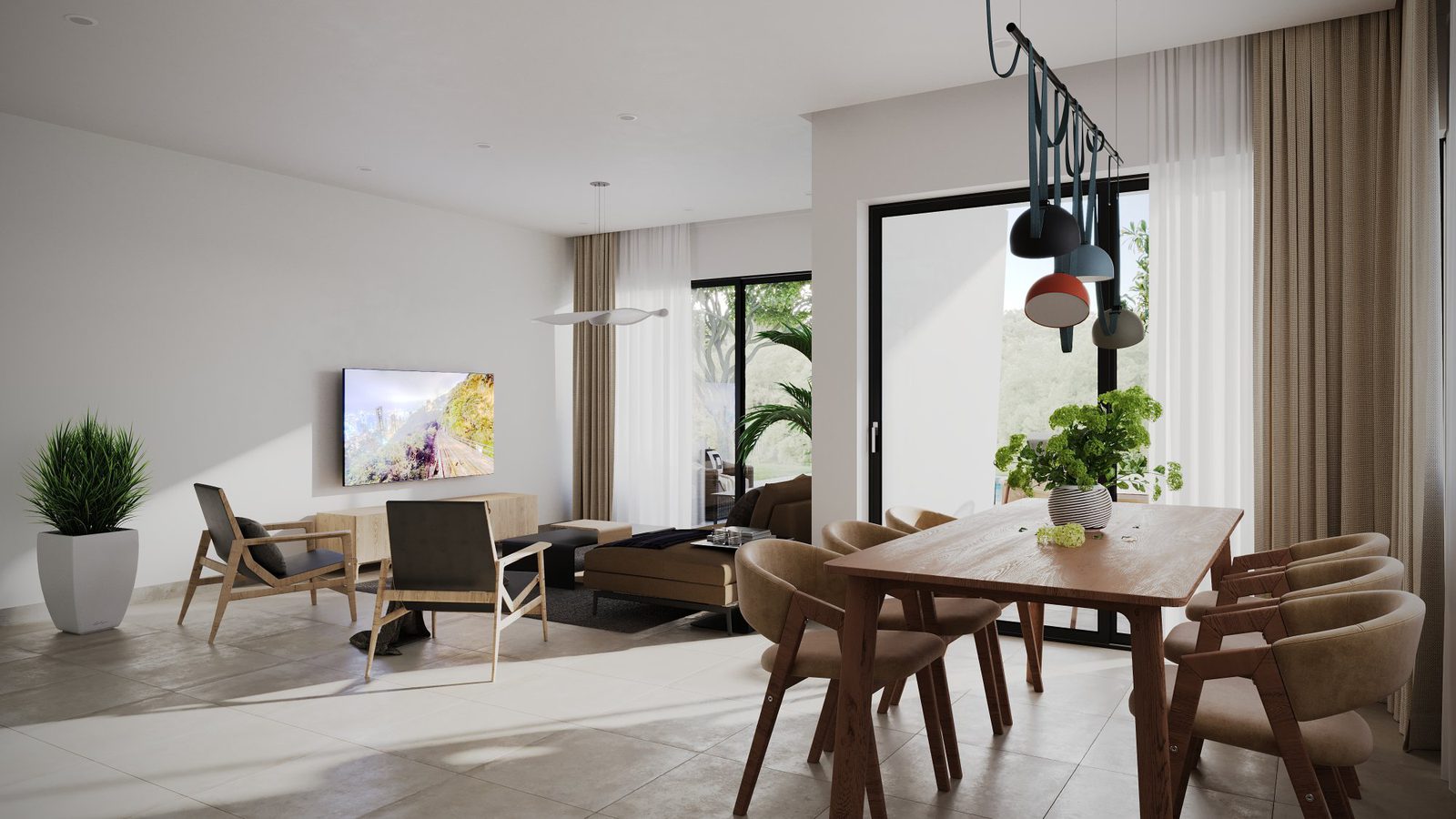 Bright living and dining area with mountain views in a 3-bedroom villa in Calpe - The Estates