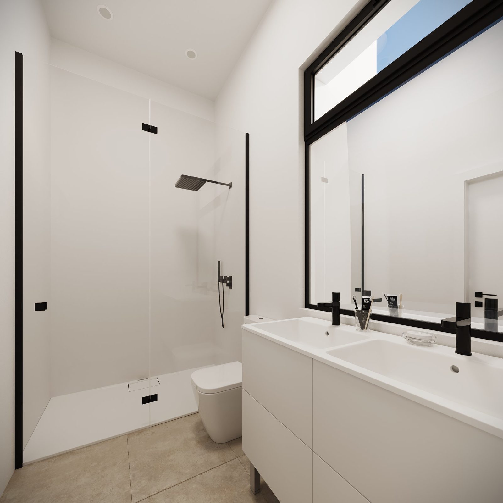 A modern bathroom with a walk-in shower and vanity in a 3-bedroom villa in Calpe - The Estates