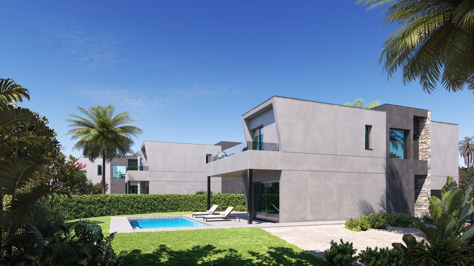 Modern exterior of a 3-bedroom villa with a pool and garden in Calpe - The Estates