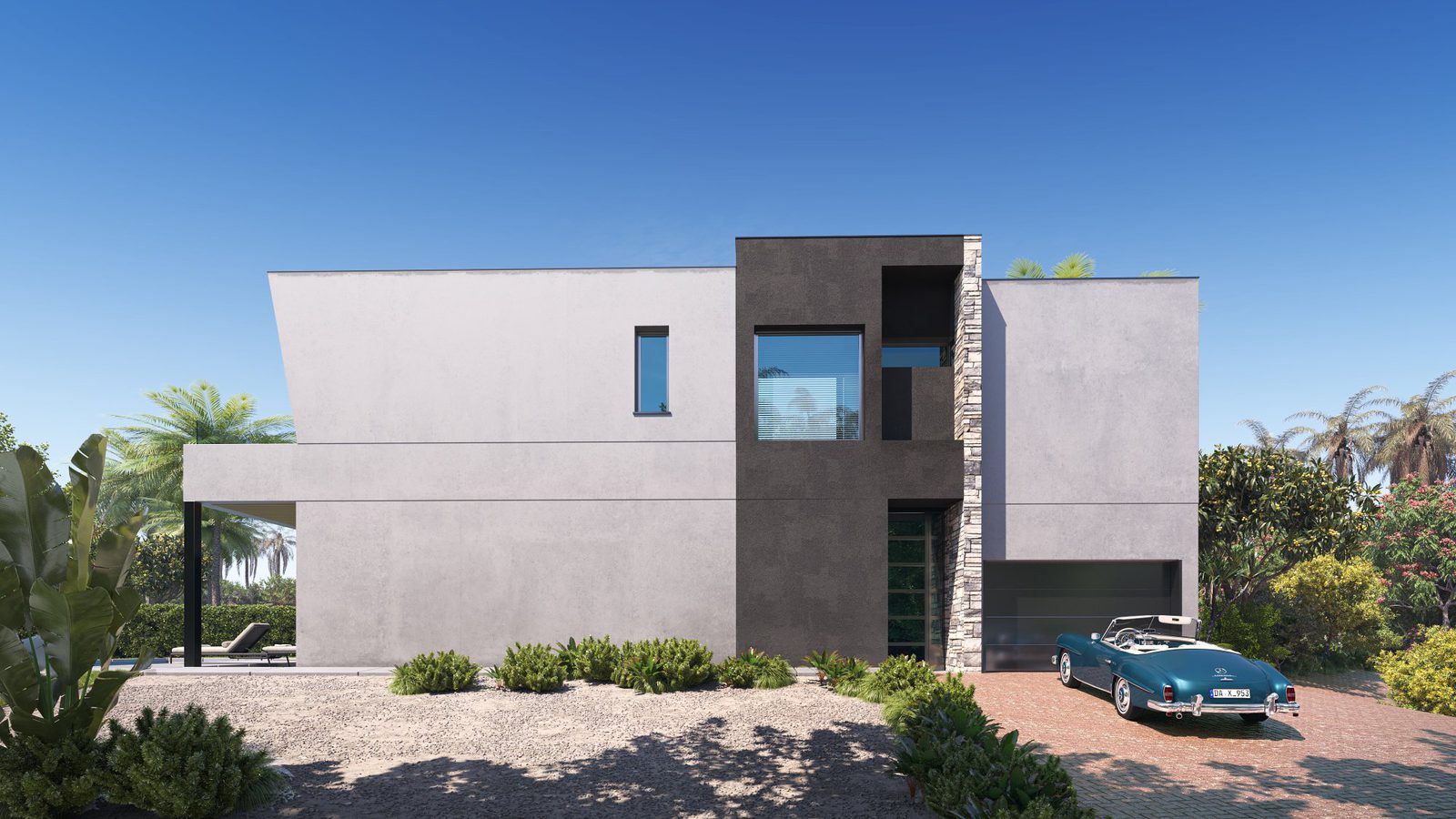 Modern villa exterior with mountain, garden, and city views of a 3-bedroom villa in Calpe - The Estates