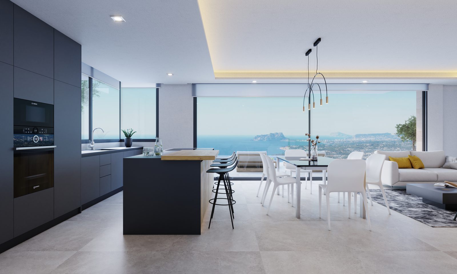 Open-plan kitchen, dining and living area with panoramic sea views of a 4-bedroom villa
