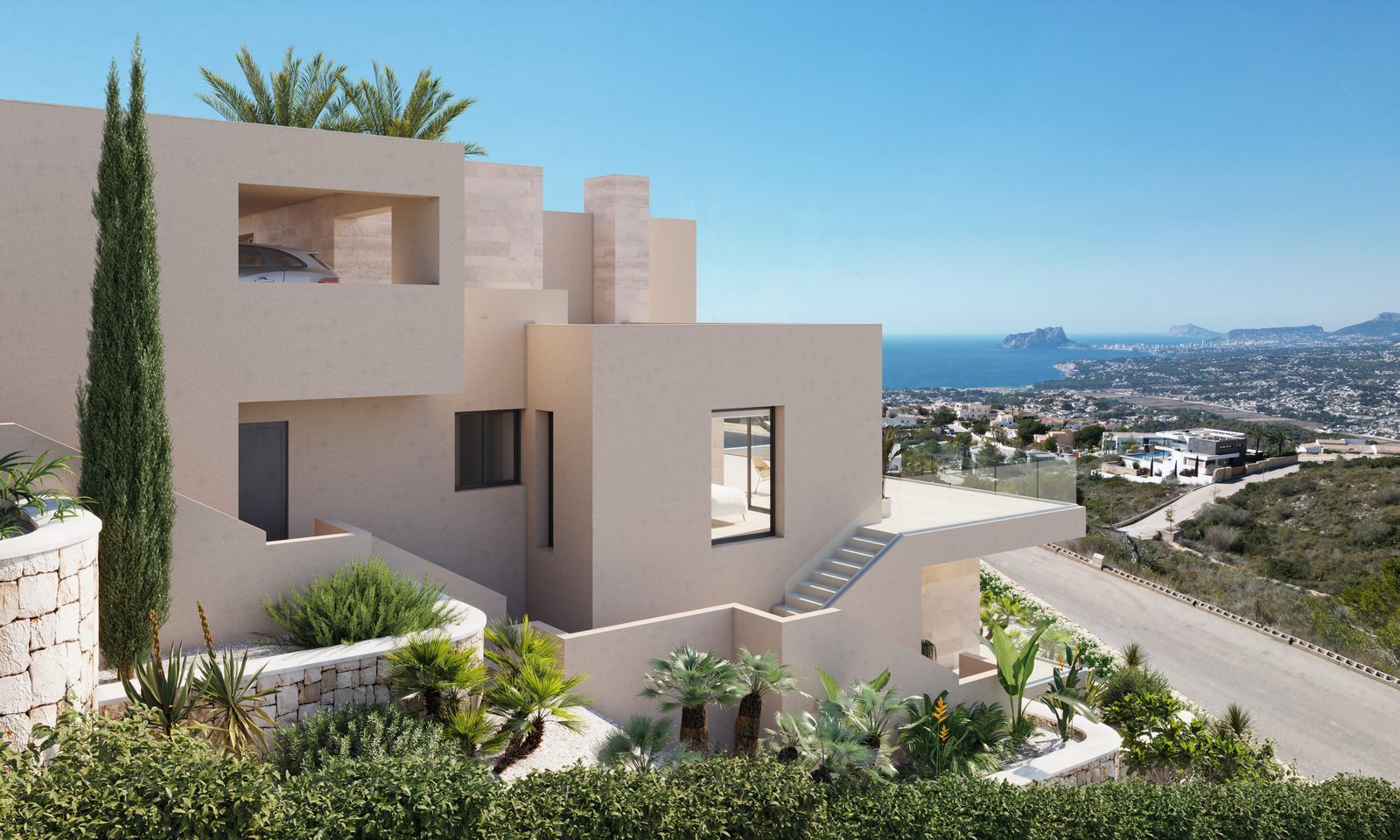 Modern exterior of a 4-bedroom villa with landscaped gardens and panoramic sea views in Benitachell - The Estates