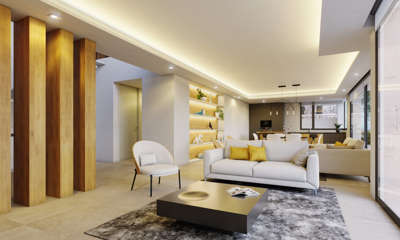 Open-plan living room, dining area and kitchen with contemporary furnishings and sea views in a 4-bedroom villa in Benitachell - The Estates