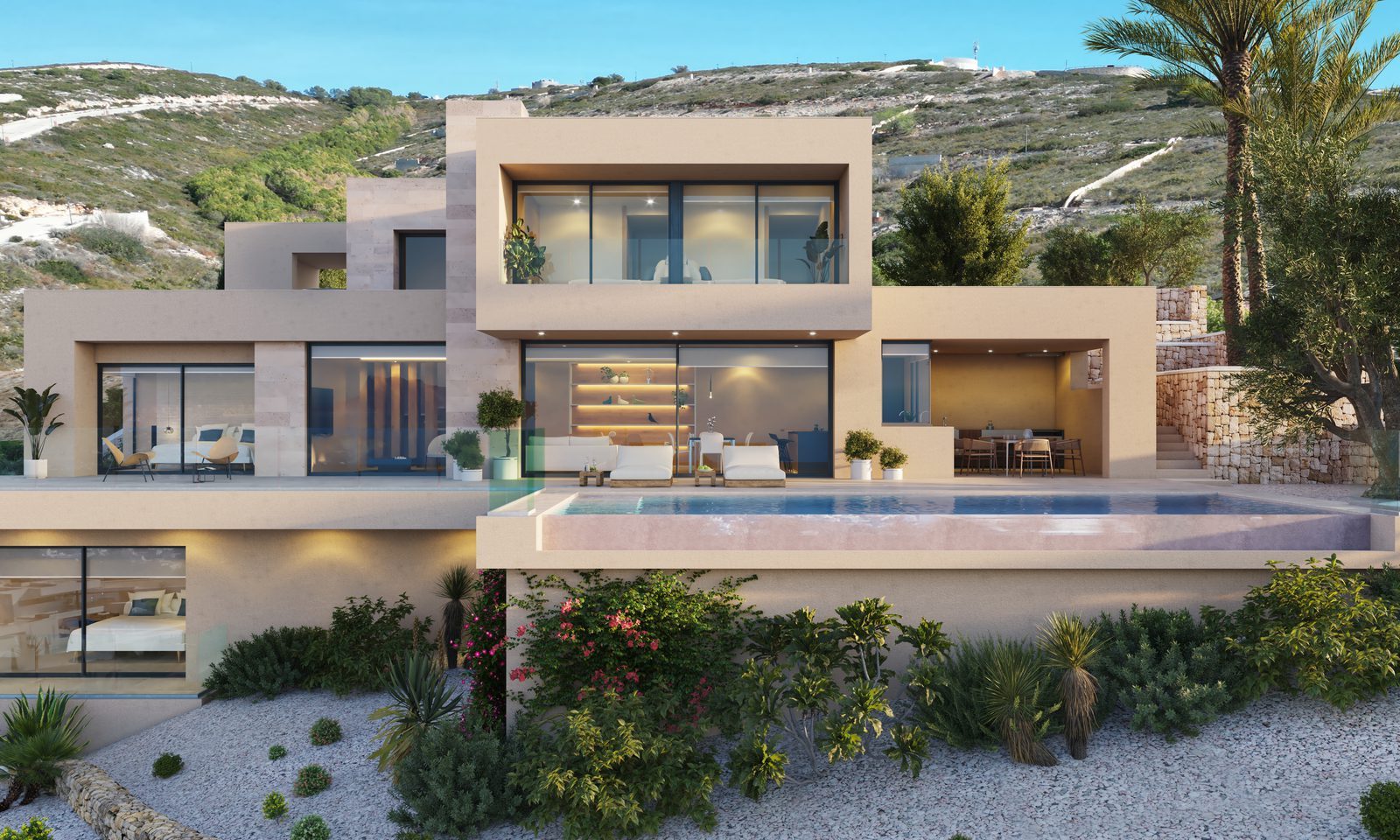 Modern 4-bedroom villa facade with swimming pool and landscaped garden in Benitachell - The Estates