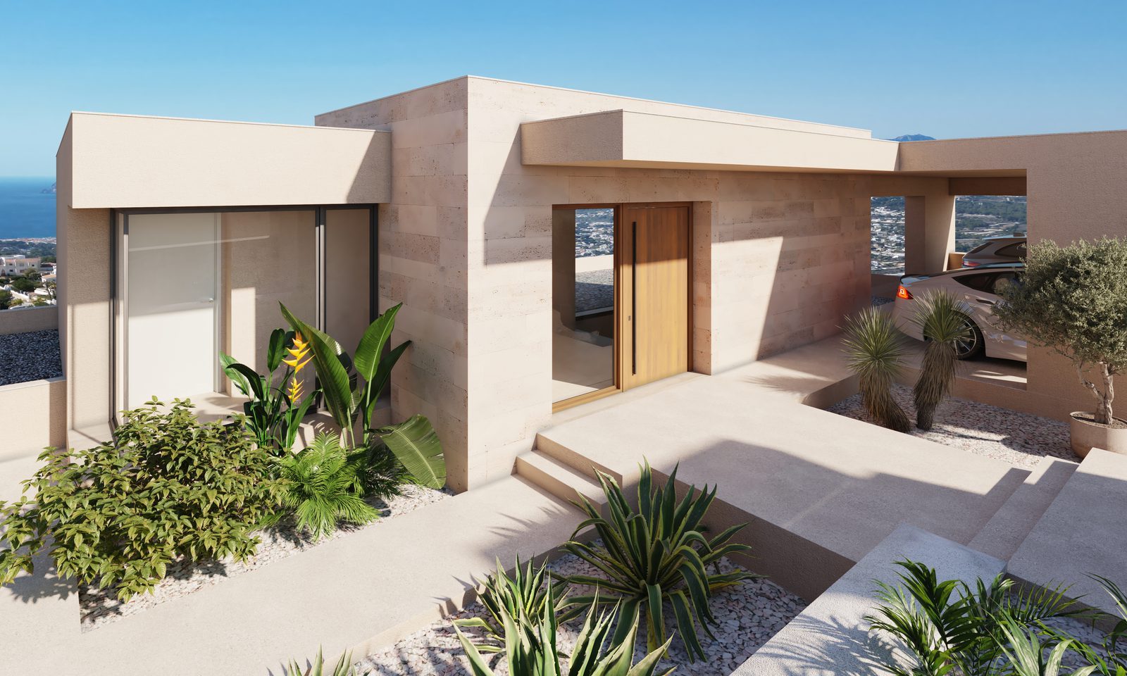 Modern entrance courtyard with landscaped gardens of a 4-bedroom villa in Benitachell - The Estates
