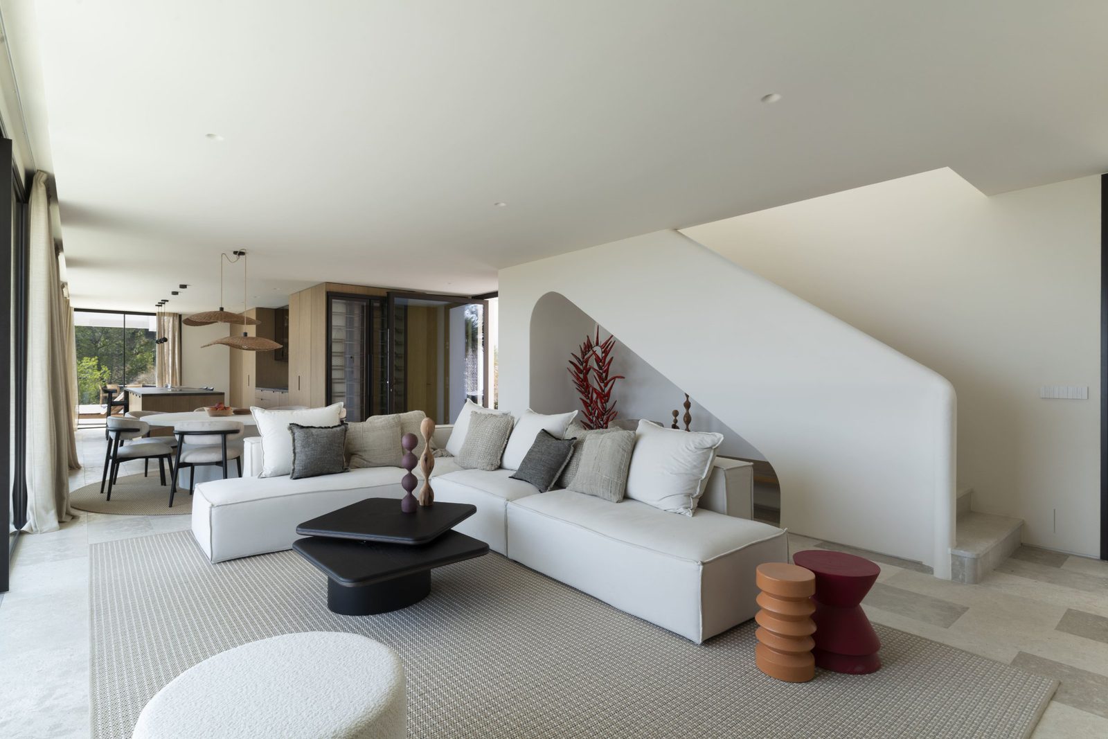 Stylish living room with modern furniture and views of the countryside in a 5-bedroom villa in Javea - The Estates