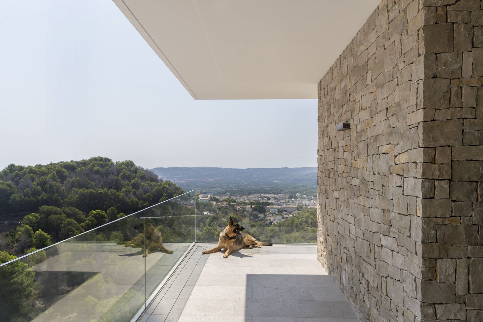 A dog relaxes on the terrace of a 5-bedroom villa in Javea with stunning sea and mountain views - The Estates