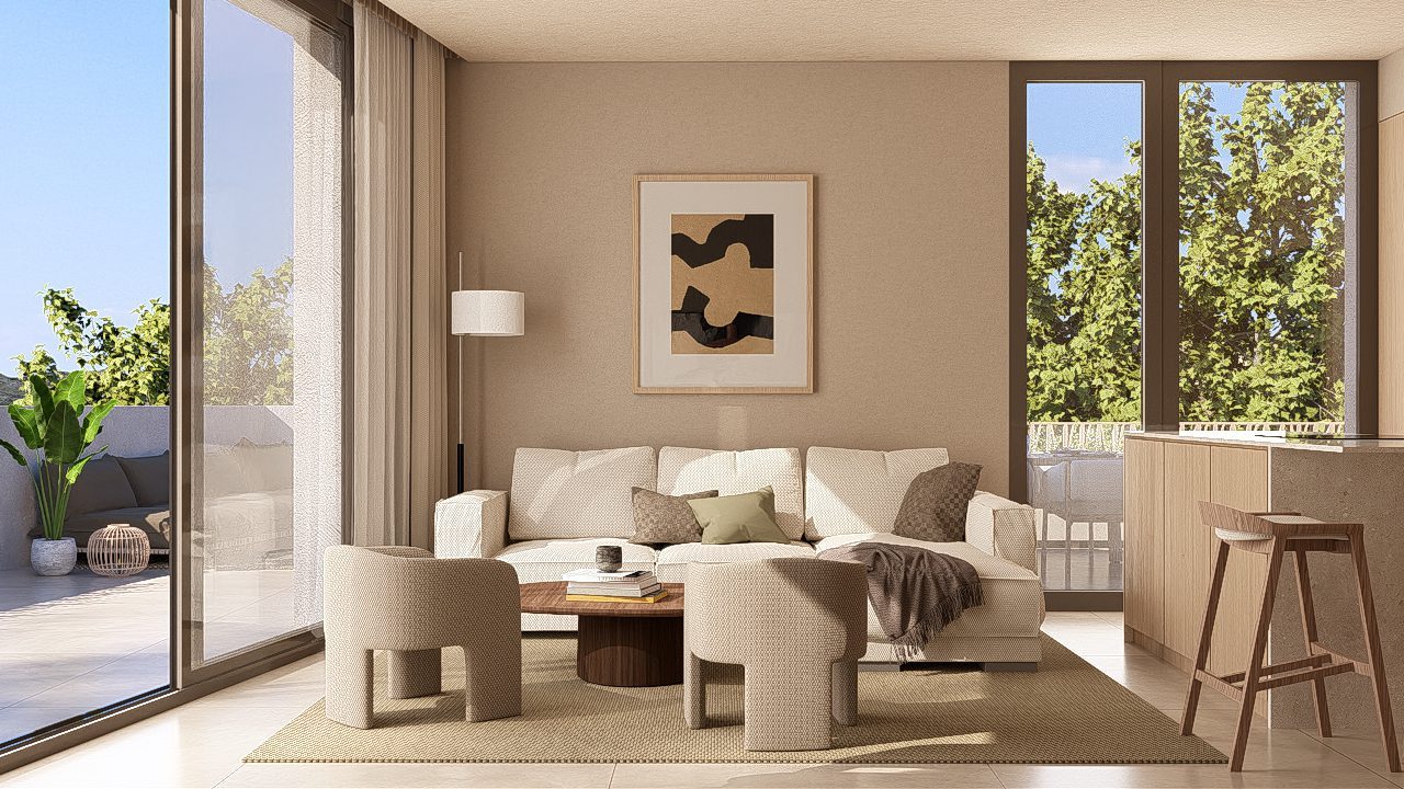 Bright living room with terrace access and leafy views of a 3-bedroom penthouse in Jávea - The Estates