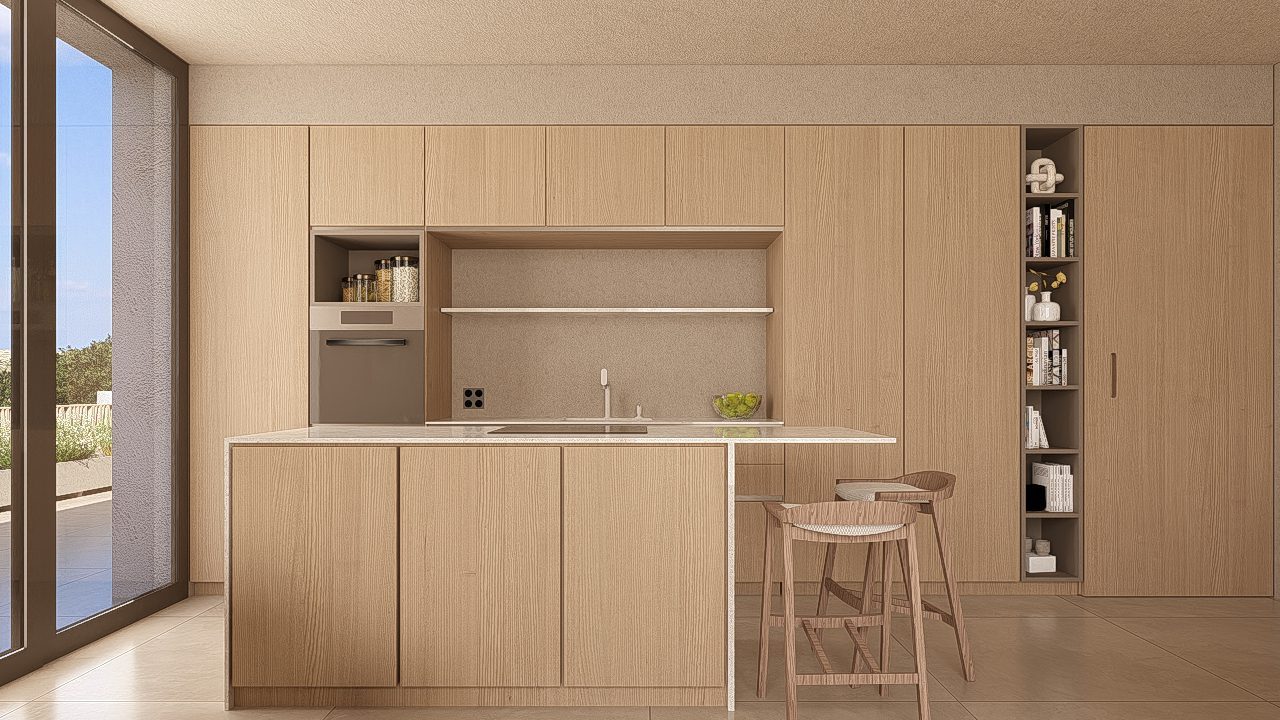 Modern wood kitchen with island, breakfast seating and terrace access in a 3-bedroom penthouse in Jávea - The Estates