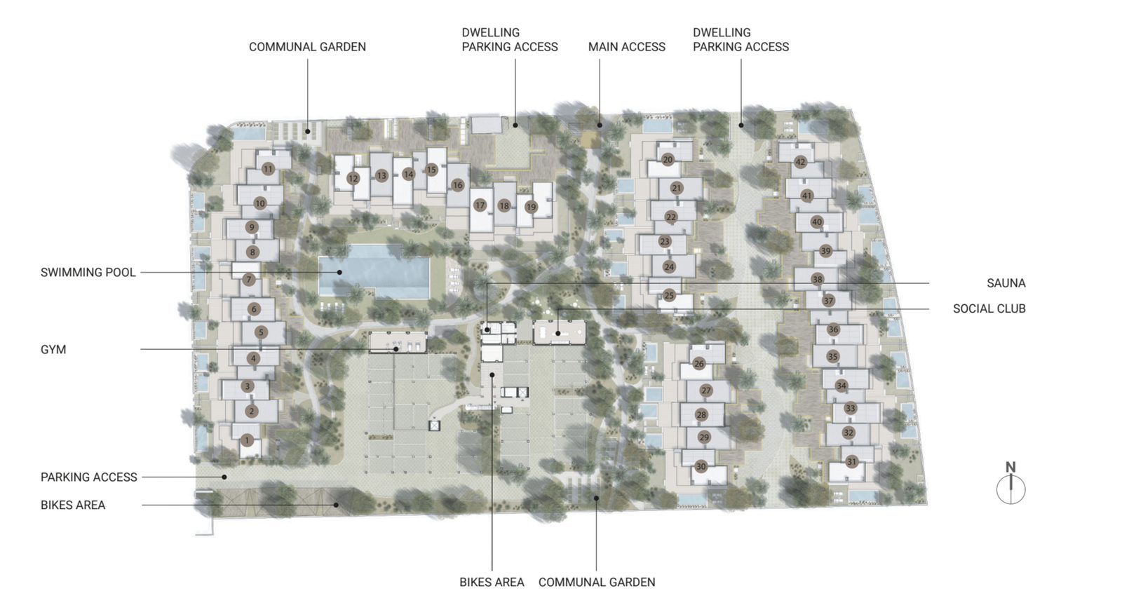 Illustrated site plan showing communal gardens, swimming pool, gym and amenities of a 2-bedroom apartment in El Verger - The Estates