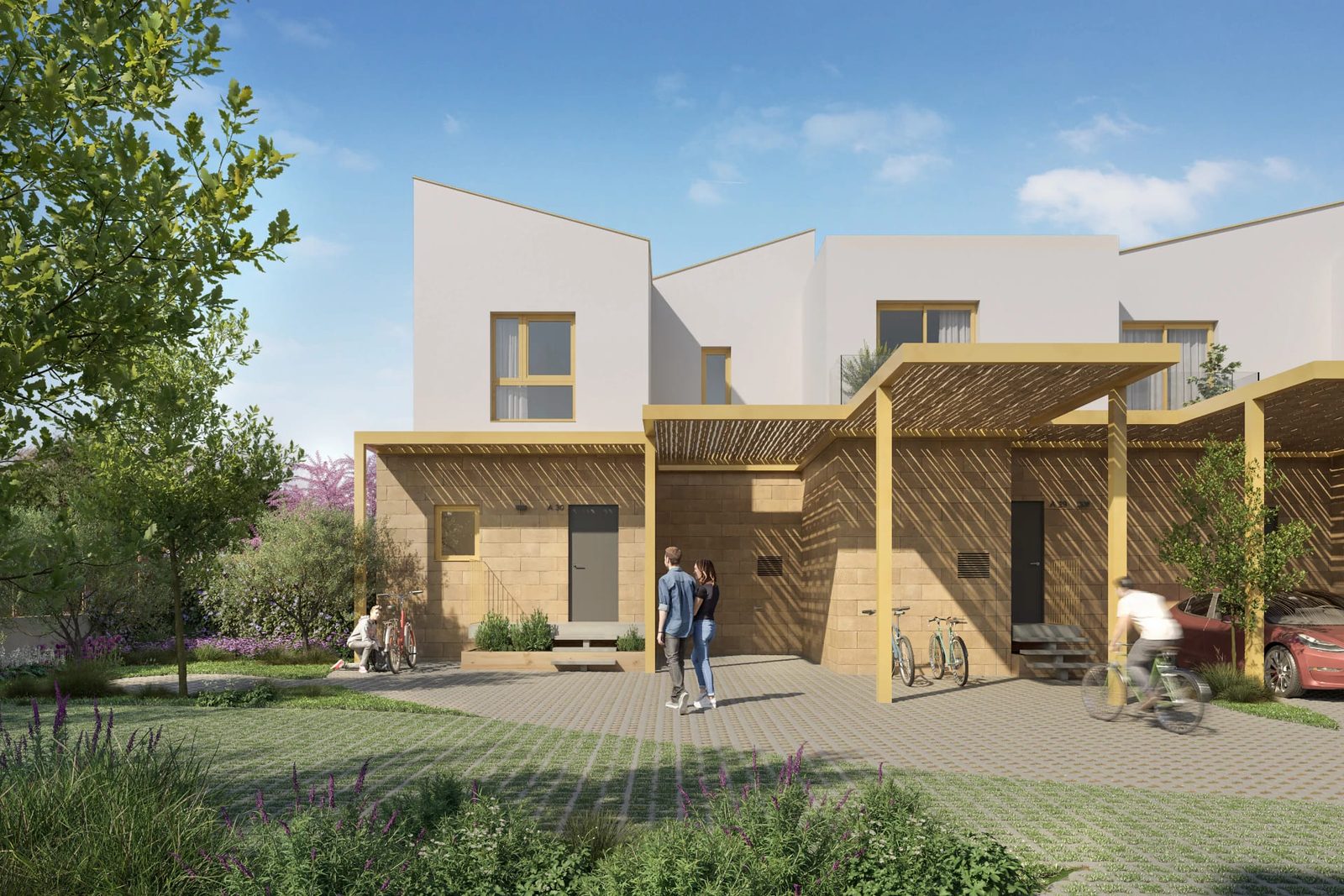 Contemporary apartment buildings with shaded pergolas, bicycles and landscaped gardens of a 2-bedroom apartment in El Verger - The Estates