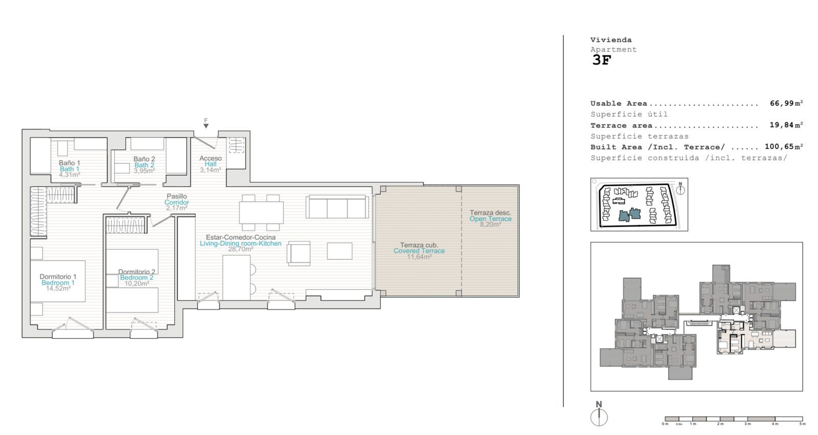 Floor plan with two bedrooms, two bathrooms and covered terrace of a 2-bedroom apartment in El Verger - The Estates