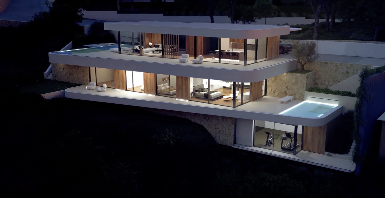 Exterior view of a modern 4-bedroom villa with sea and mountain views in Moraira - The Estates