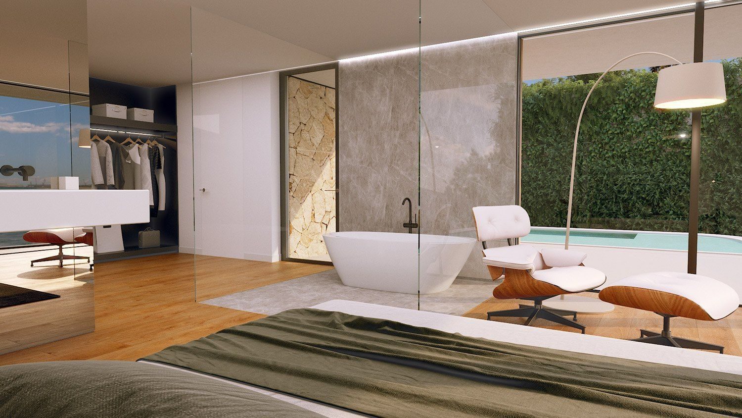 Luxurious bedroom with a freestanding bathtub and sea views in a 4-bedroom villa in Moraira - The Estates