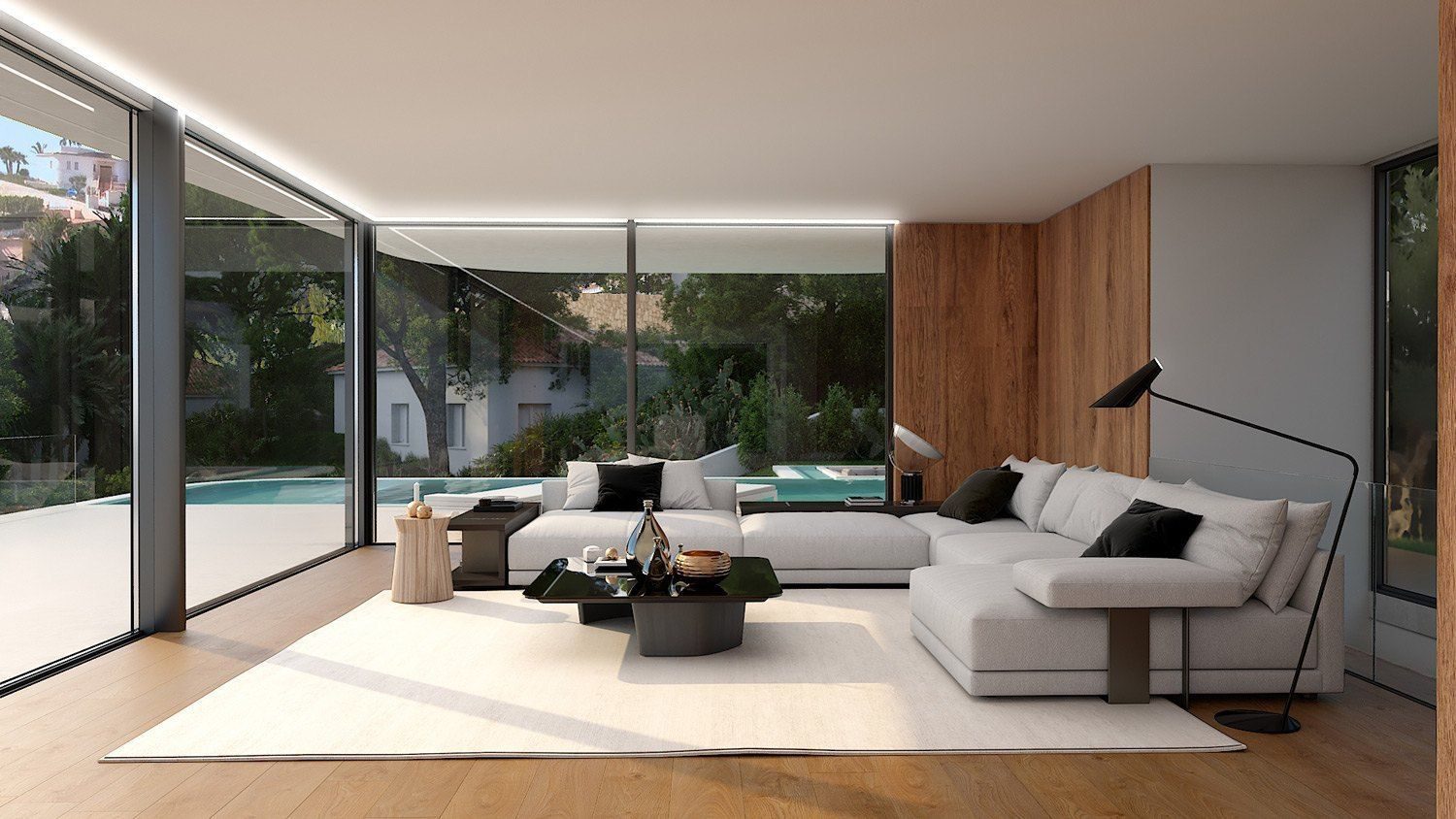 Stylish living room with panoramic sea and mountain views in a 4-bedroom villa in Moraira - The Estates