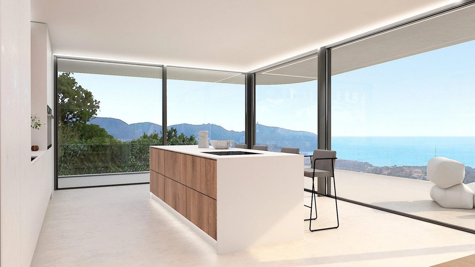 Modern kitchen with panoramic sea and mountain views in a 4-bedroom villa in Moraira - The Estates