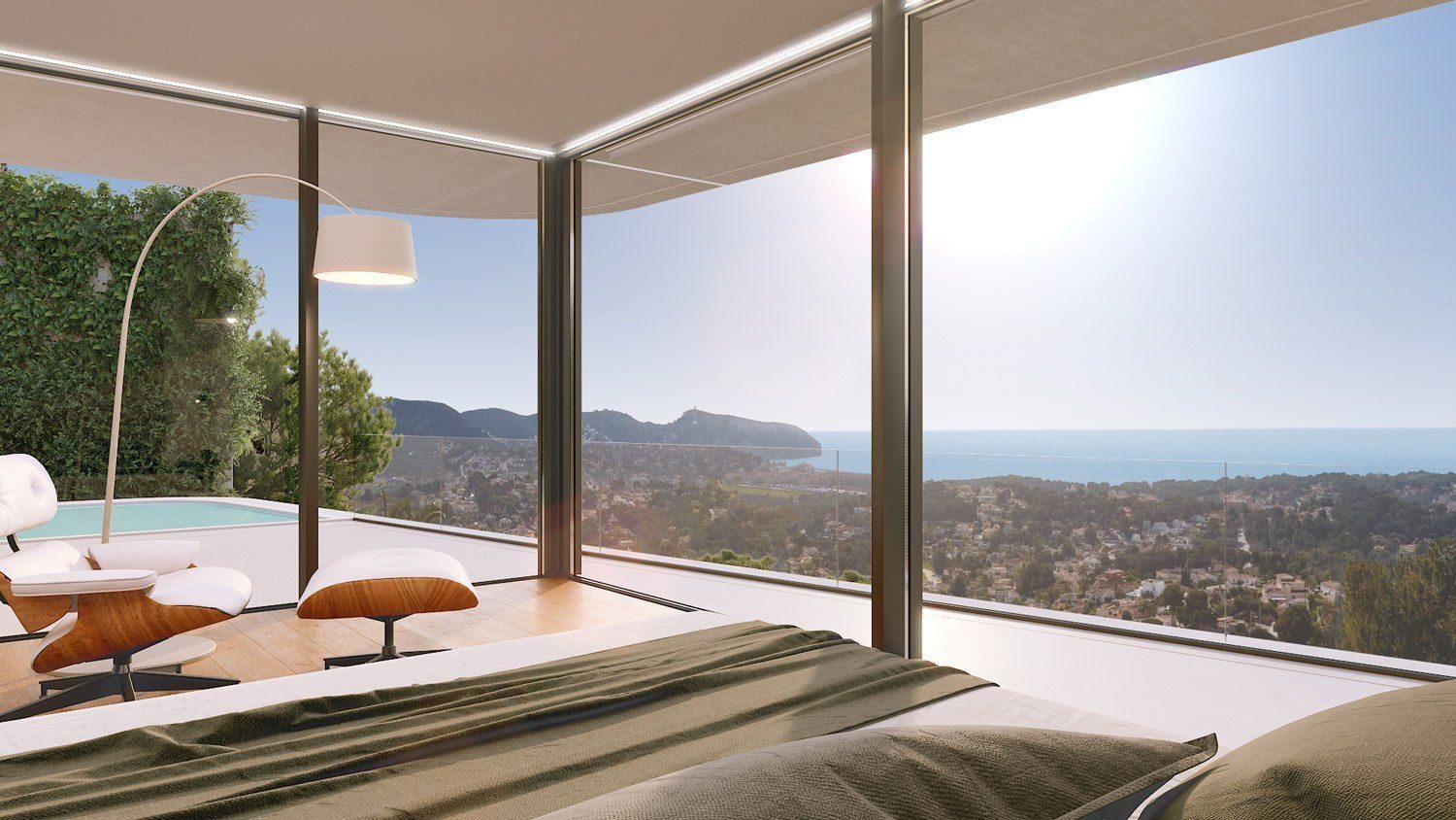 Panoramic sea views from a bright bedroom in a 4-bedroom villa in Moraira - The Estates