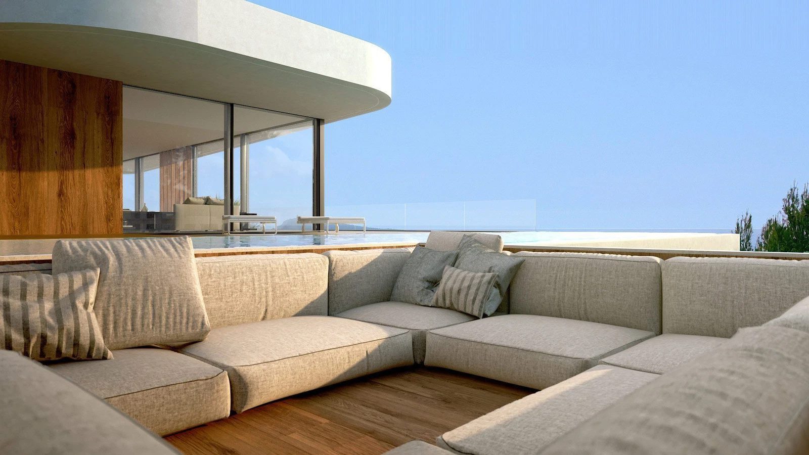 A comfortable lounge area with sea views from a 4-bedroom villa in Moraira - The Estates