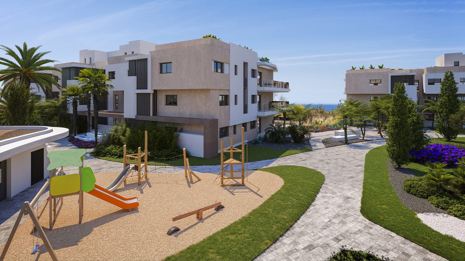 Exterior view of a modern 3-bedroom penthouse with a playground and sea views in Estepona - The Estates