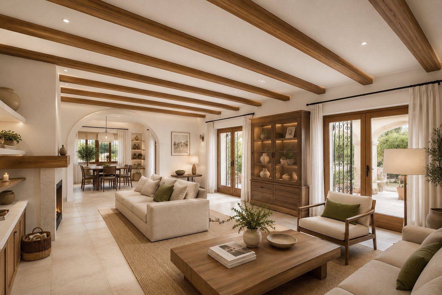 Elegant living room with wooden beams and views of the countryside in a 4-bedroom villa in Javea - The Estates