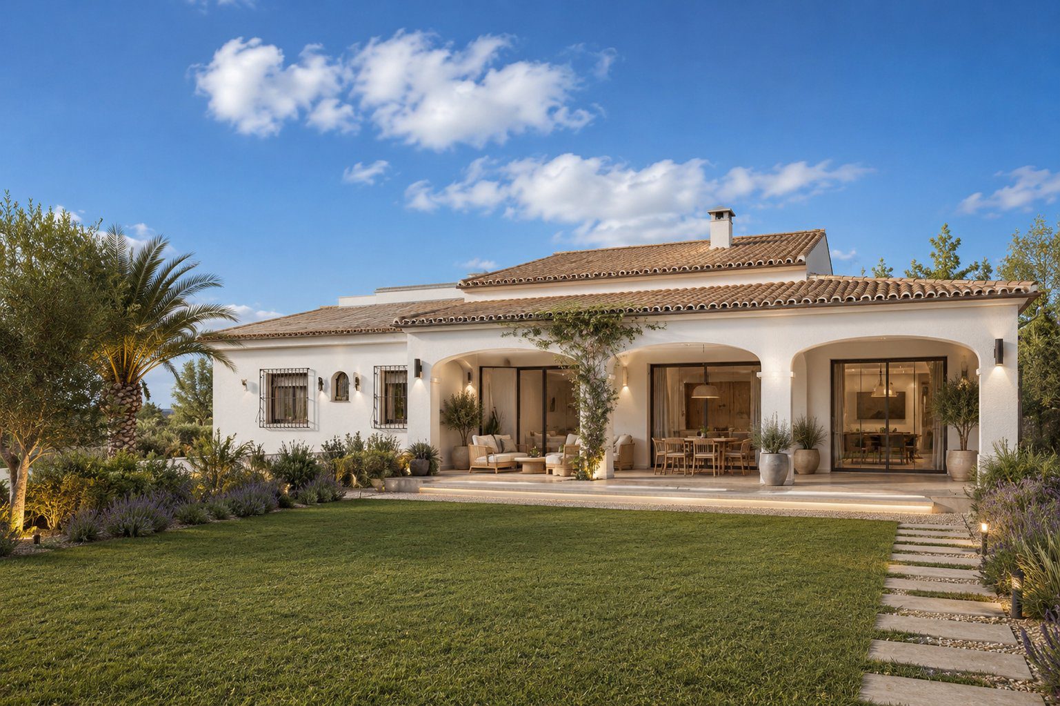 Exterior view of a 4-bedroom villa in Javea with a lush garden and countryside views - The Estates