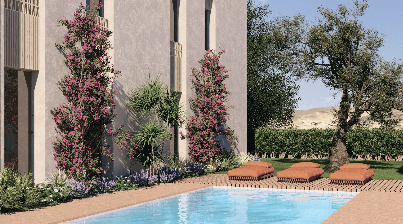 A lush garden and pool area of a 3-bedroom apartment in Jávea - The Estates