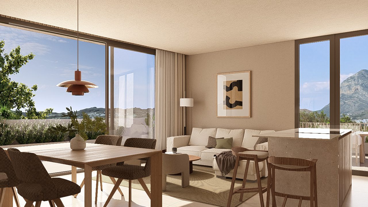 Bright living area with mountain views inside a 3-bedroom apartment in Jávea - The Estates
