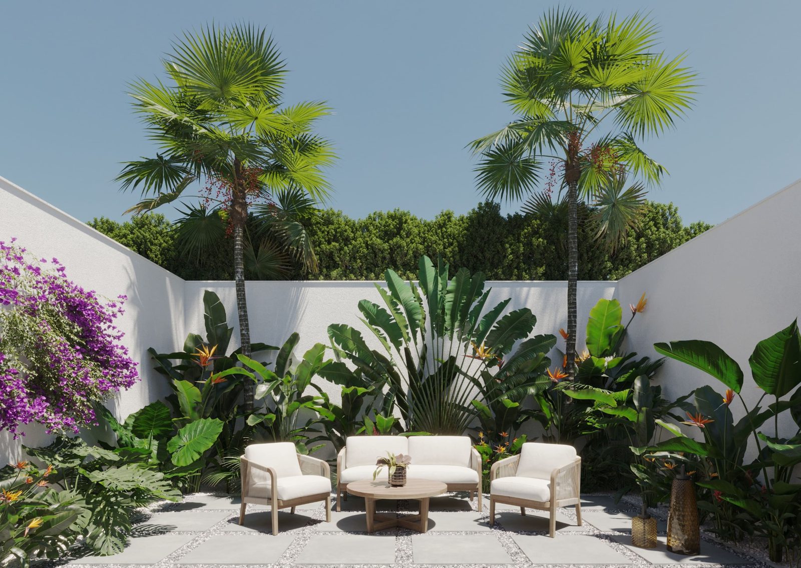 Lush tropical garden and outdoor seating area of a 4-bedroom villa in Finestrat - The Estates