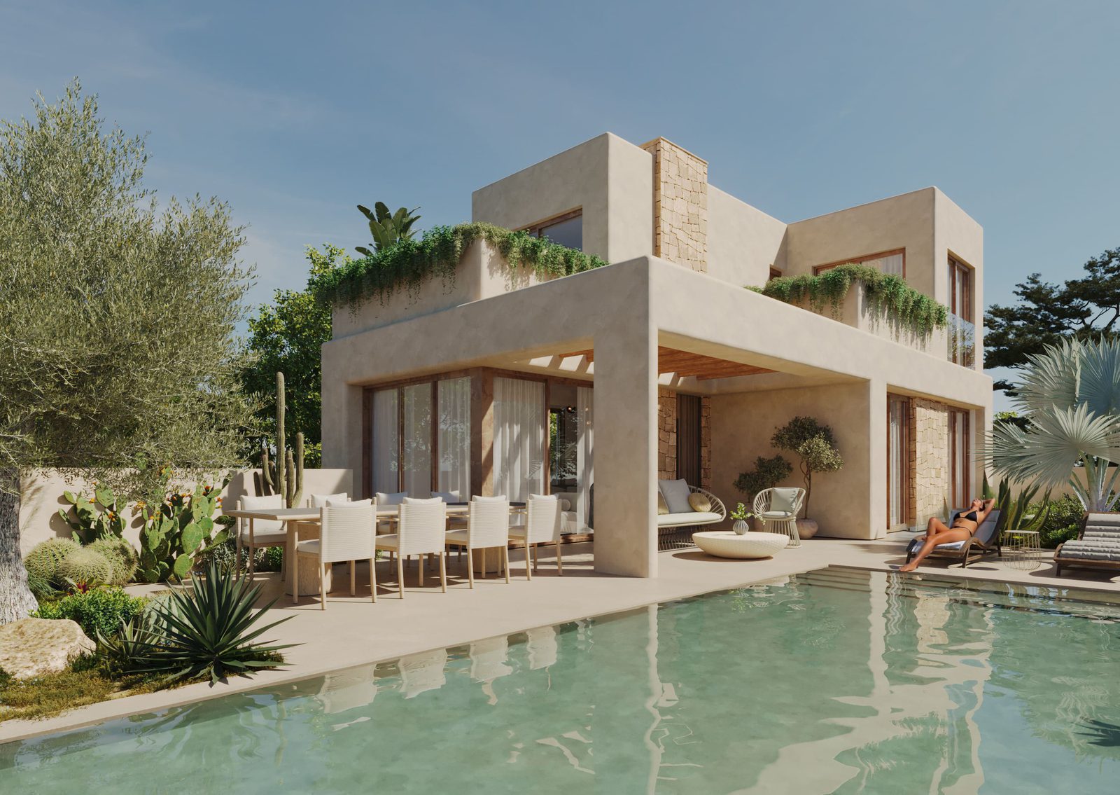 A modern villa with a pool and outdoor dining area, overlooking the sea - The Estates