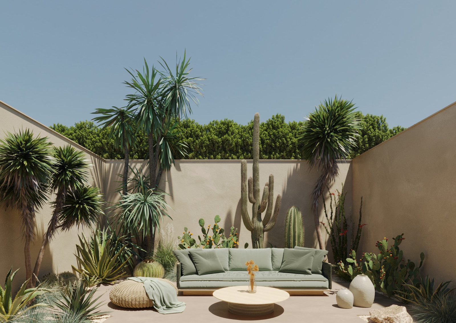 A stylish outdoor lounge area with lush greenery in a 4-bedroom villa in Finestrat - The Estates