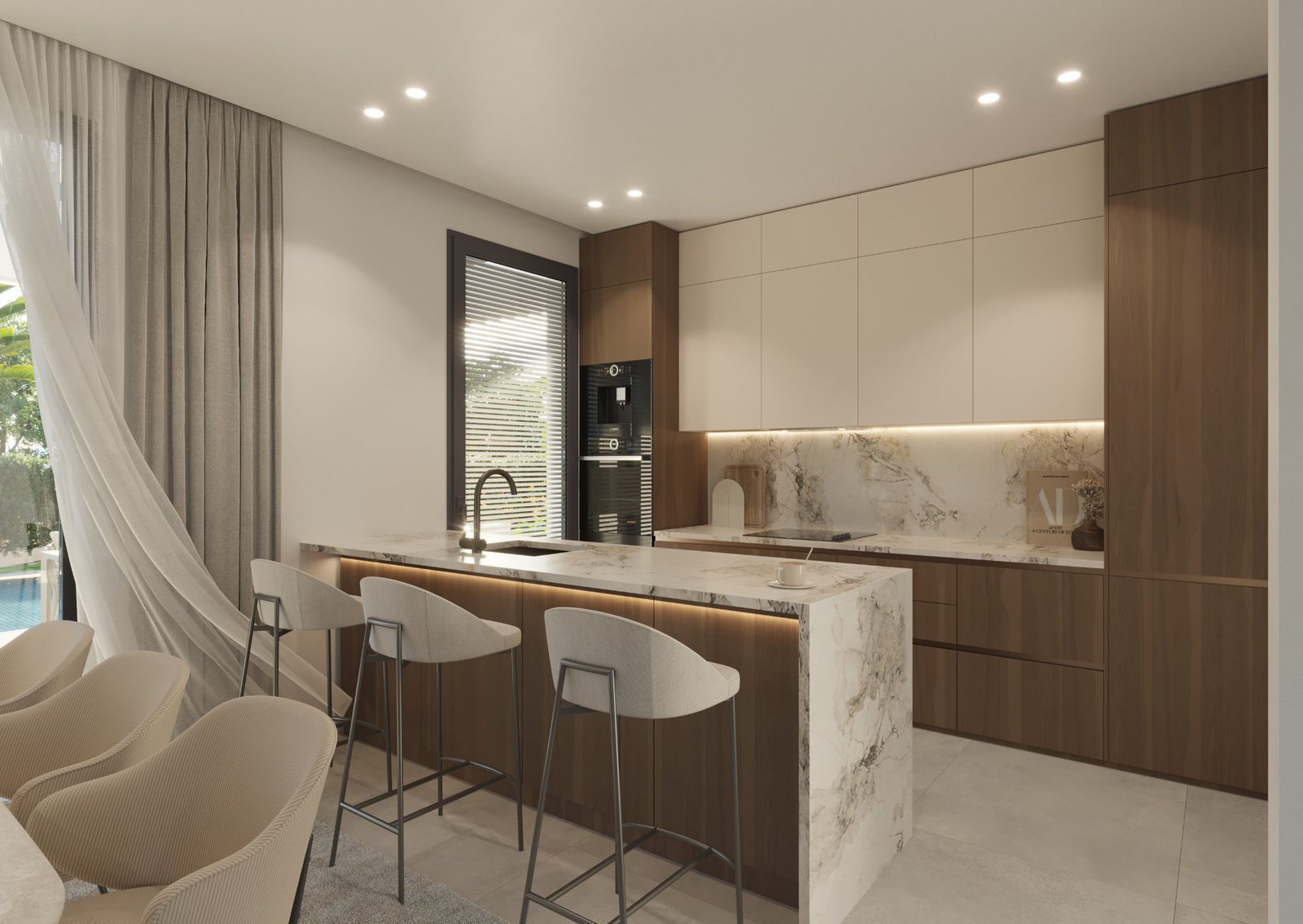 Modern kitchen with bar seating in a 4-bedroom villa in Finestrat - The Estates