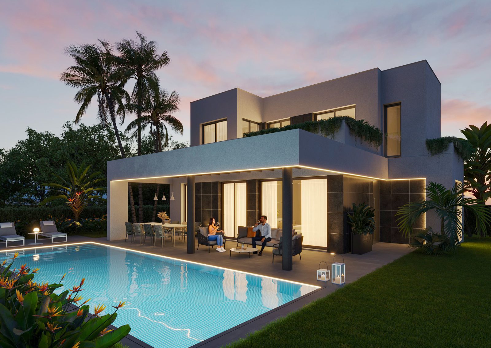 A modern villa with a pool and outdoor seating area at dusk in Finestrat - The Estates