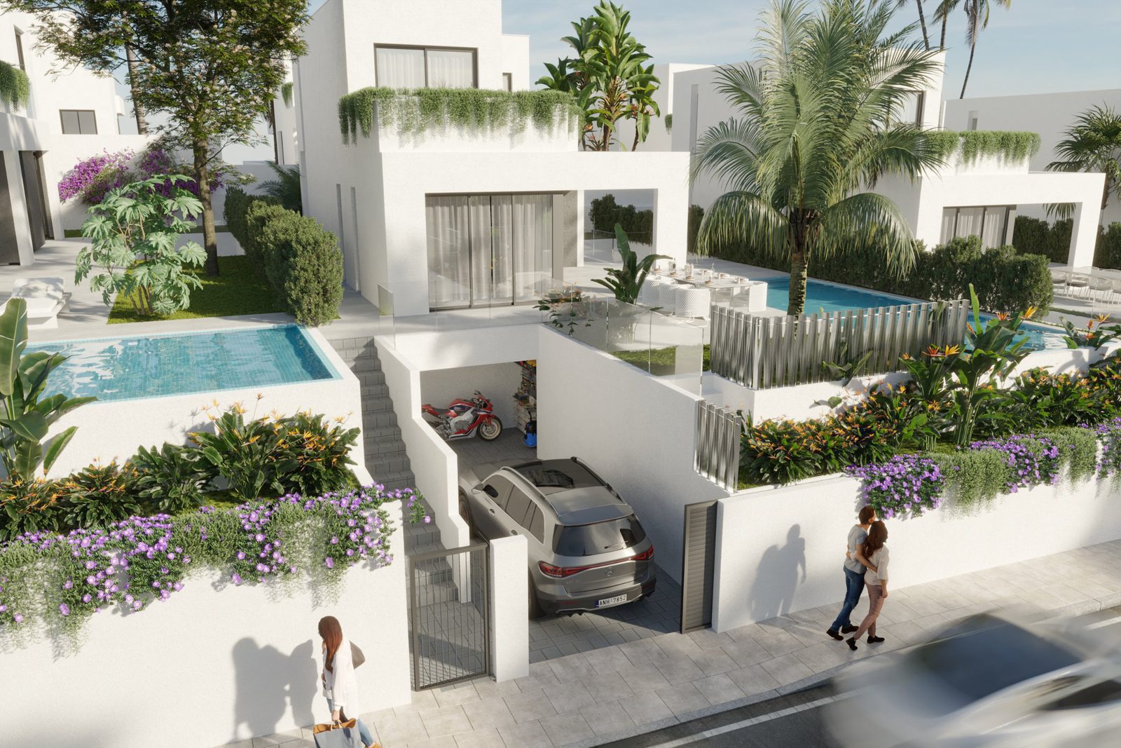 Exterior view of a modern 4-bedroom villa with a pool and garden in Finestrat - The Estates