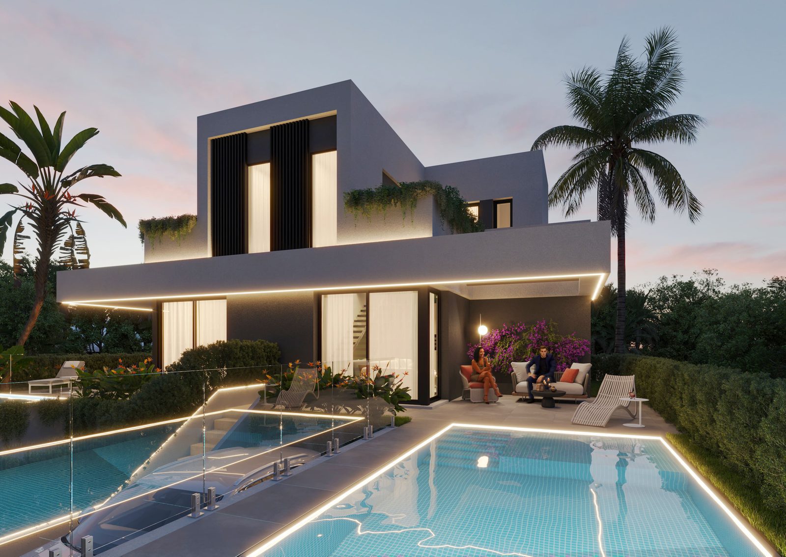 Exterior view of a 4-bedroom villa with a pool and garden in Finestrat - The Estates