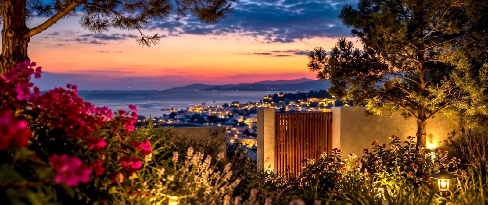 Sunset sea view from a landscaped garden with flowering plants and illuminated coastal town in Calvia - The Estates