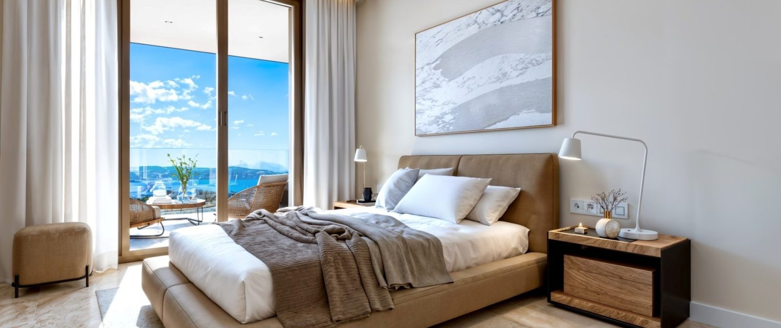 Bright modern bedroom with sea views and balcony of a 2-bedroom apartment in Calvia - The Estates