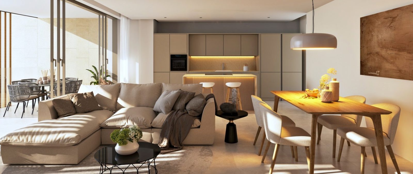 Open-plan living and dining area with modern kitchen, sofa and terrace access in a 2-bedroom apartment in Calvia - The Estates
