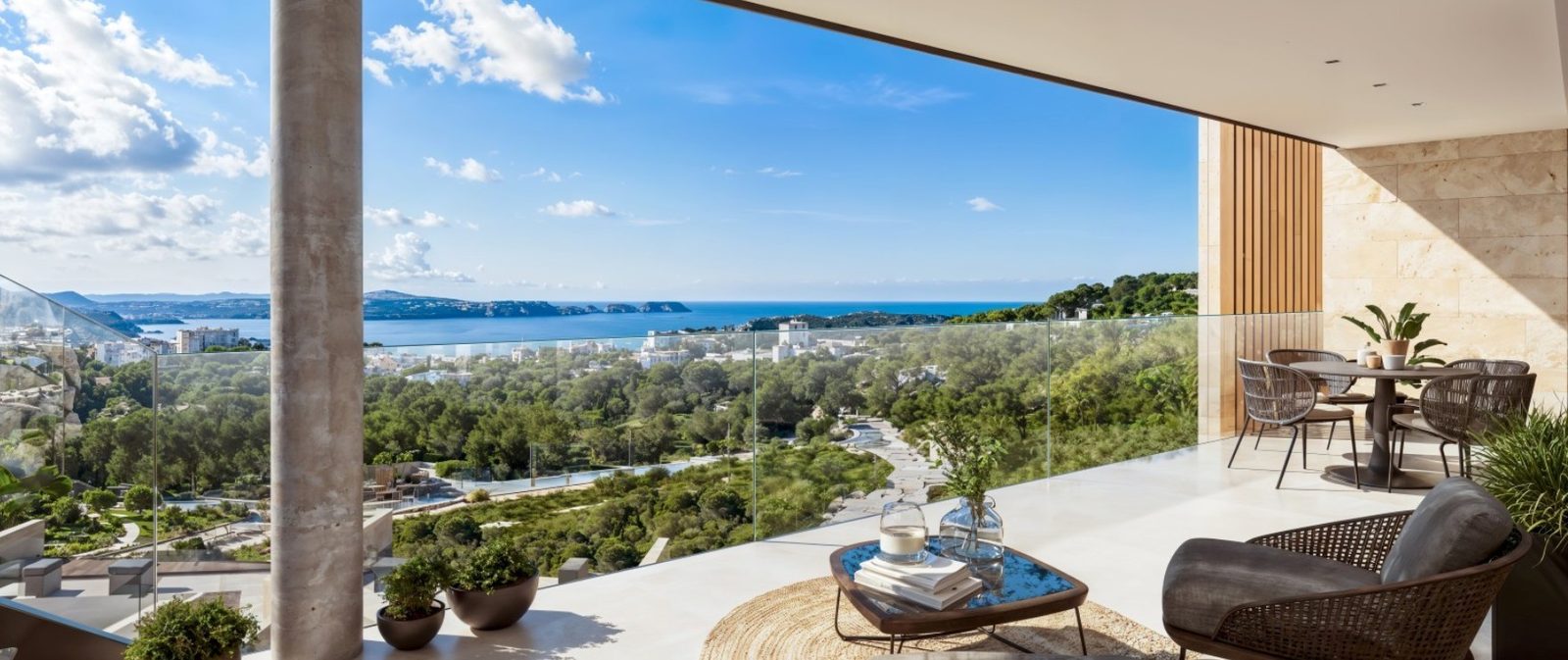 Covered terrace with sea views, outdoor dining and lounge seating of a 2-bedroom apartment in Calvia - The Estates