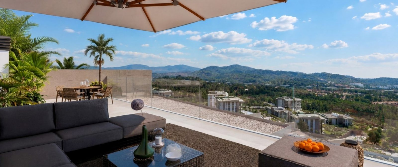 Terrace with outdoor seating, dining area and mountain views of Calvia from a 2-bedroom apartment in Calvia - The Estates