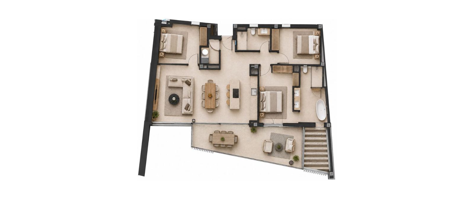 Floor plan showing two bedrooms, open-plan living and dining area, bathrooms, terrace and stairs in a 2-bedroom apartment in Calvia - The Estates