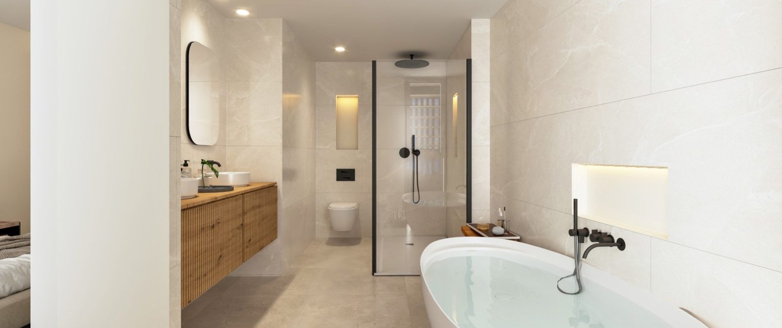 Contemporary bathroom with freestanding tub, walk-in shower and double vanity in a 2-bedroom apartment in Calvia - The Estates