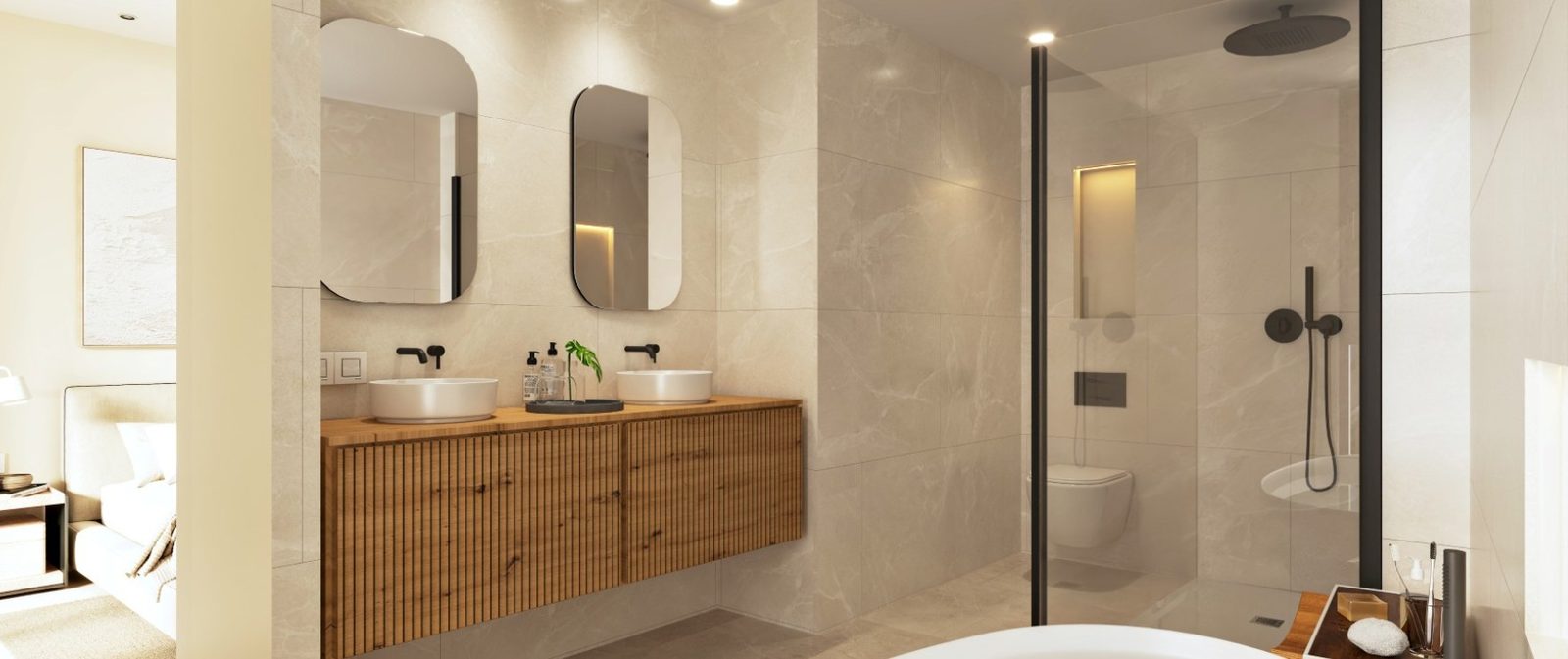 Contemporary bathroom with double vanity, wood cabinetry and glass-enclosed shower of a 2-bedroom apartment in Calvia - The Estates