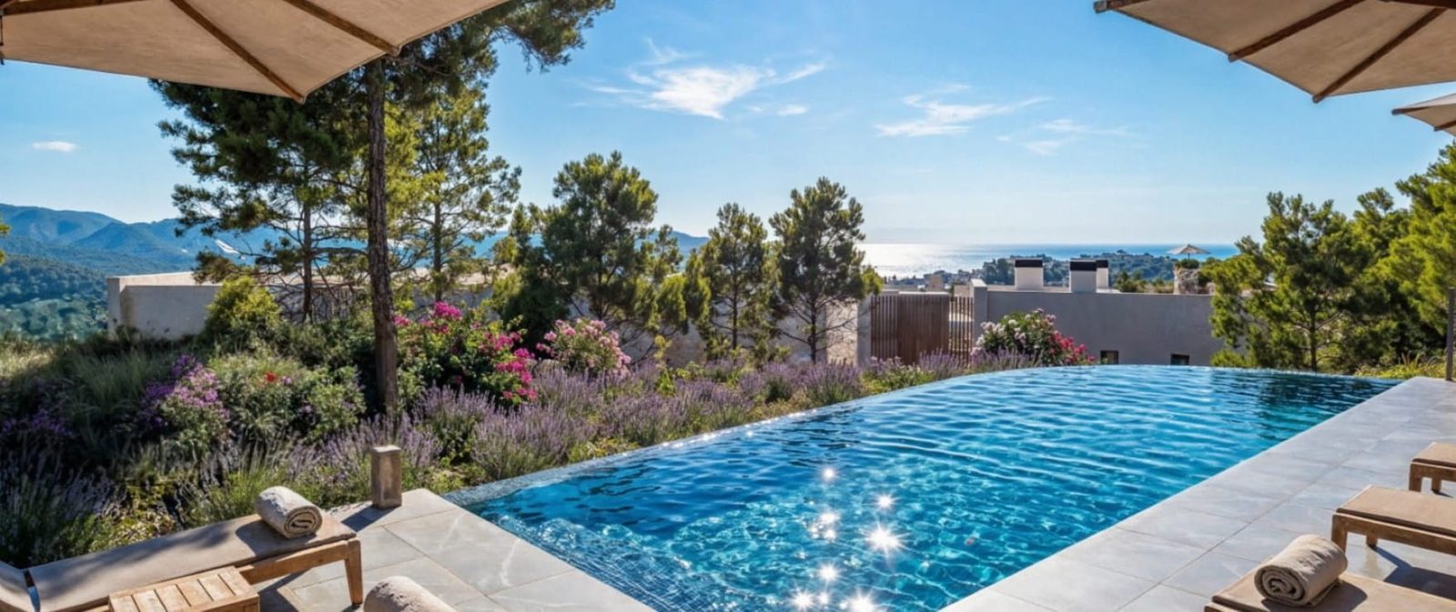 Infinity pool terrace with mountain and